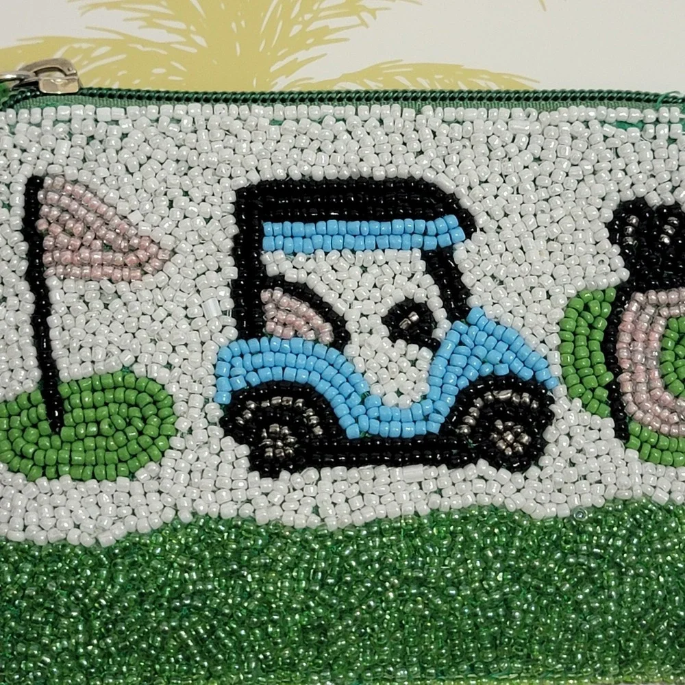NEW America And Beyond Blue Golf Cart Beaded Coin Purse/ Pouch Handmade in India
